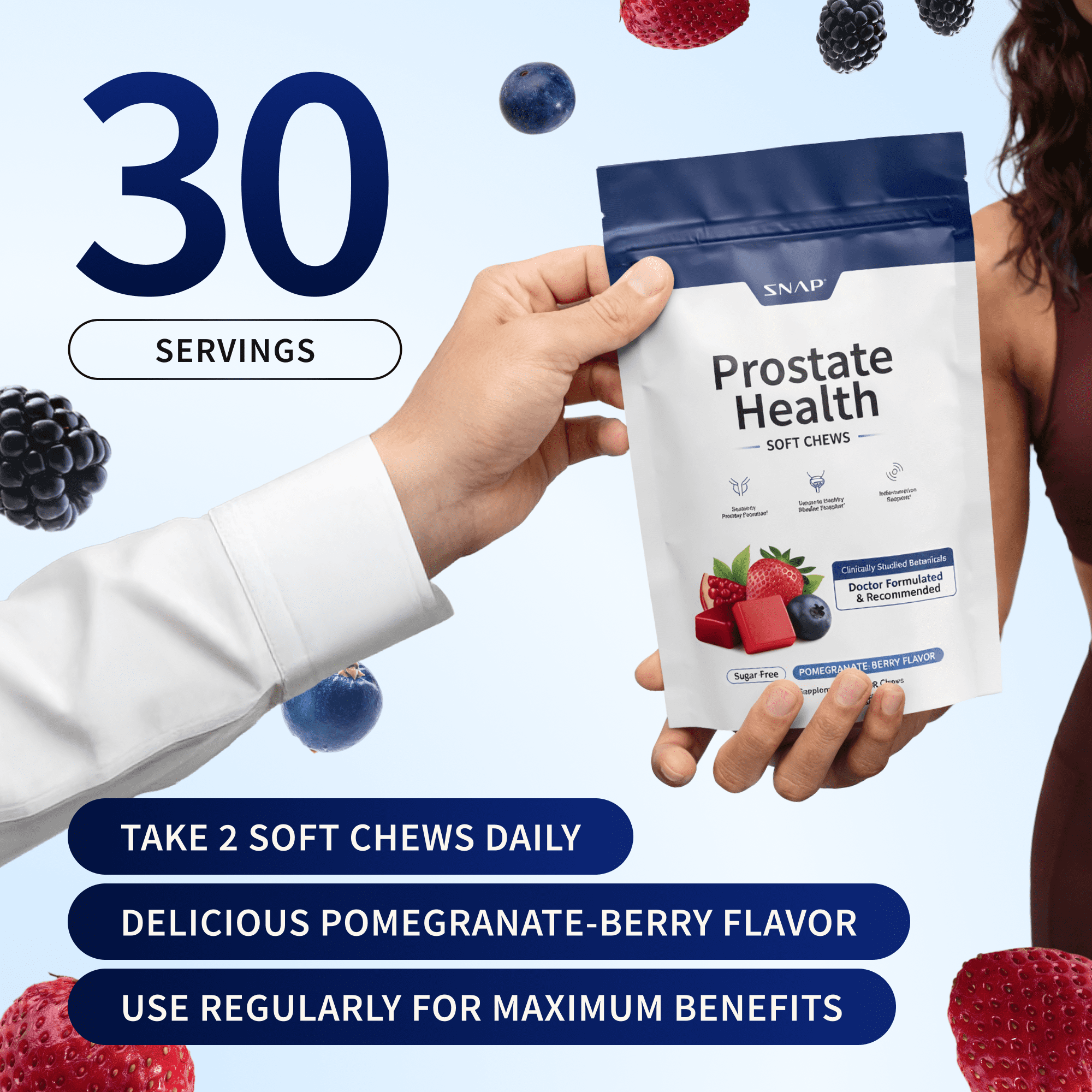 Snap Supplements Prostate Chews, Plant Sterol, Reishi, Supports Prostate and Urinary Wellness, 60 Sugar Free Soft Chews, Pomegranate-Berry Flavor