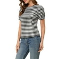 thumbnail image 4 of INSPIRE CHIC Women's Vintage Gingham Tops Puff Short Sleeve Crew Neck Casual Shirt Blouse XS Black, 4 of 7