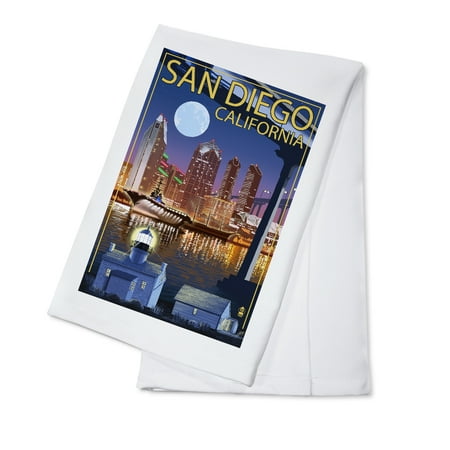 San Diego, California - Skyline at Night - Lantern Press Artwork (100% Cotton Kitchen