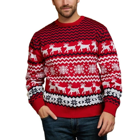 Women Men Christmas Reindeer Snowflake Knitted Holiday Sweater Crewneck Long Sleeve Knitwear Casual Pullover Jumpers Top