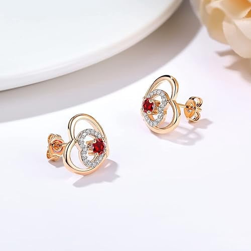 Divine Creation 1.35 Ct Round Cut Red Garnet Heart Shape Push Back Womens Stud Earrings 14K Rose Gold Plated 925 Sterling Silver