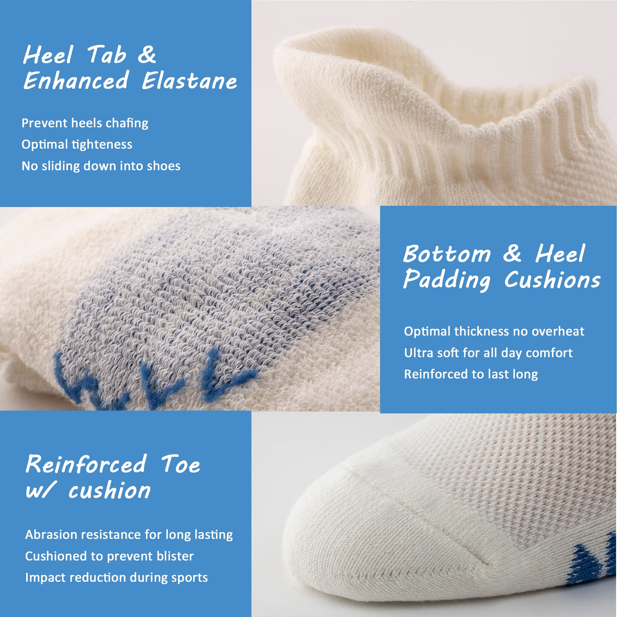 UI U&I Socks Men's Performance Athletic Low Cut Ankle Socks 6 Pairs Cushion Cotton Socks with Tab White 12-15
