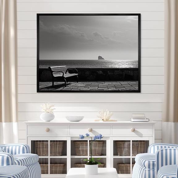 Designart "Coastal View With A Black And White Bench" Coastal Waves Floater Framed Canvas Prints