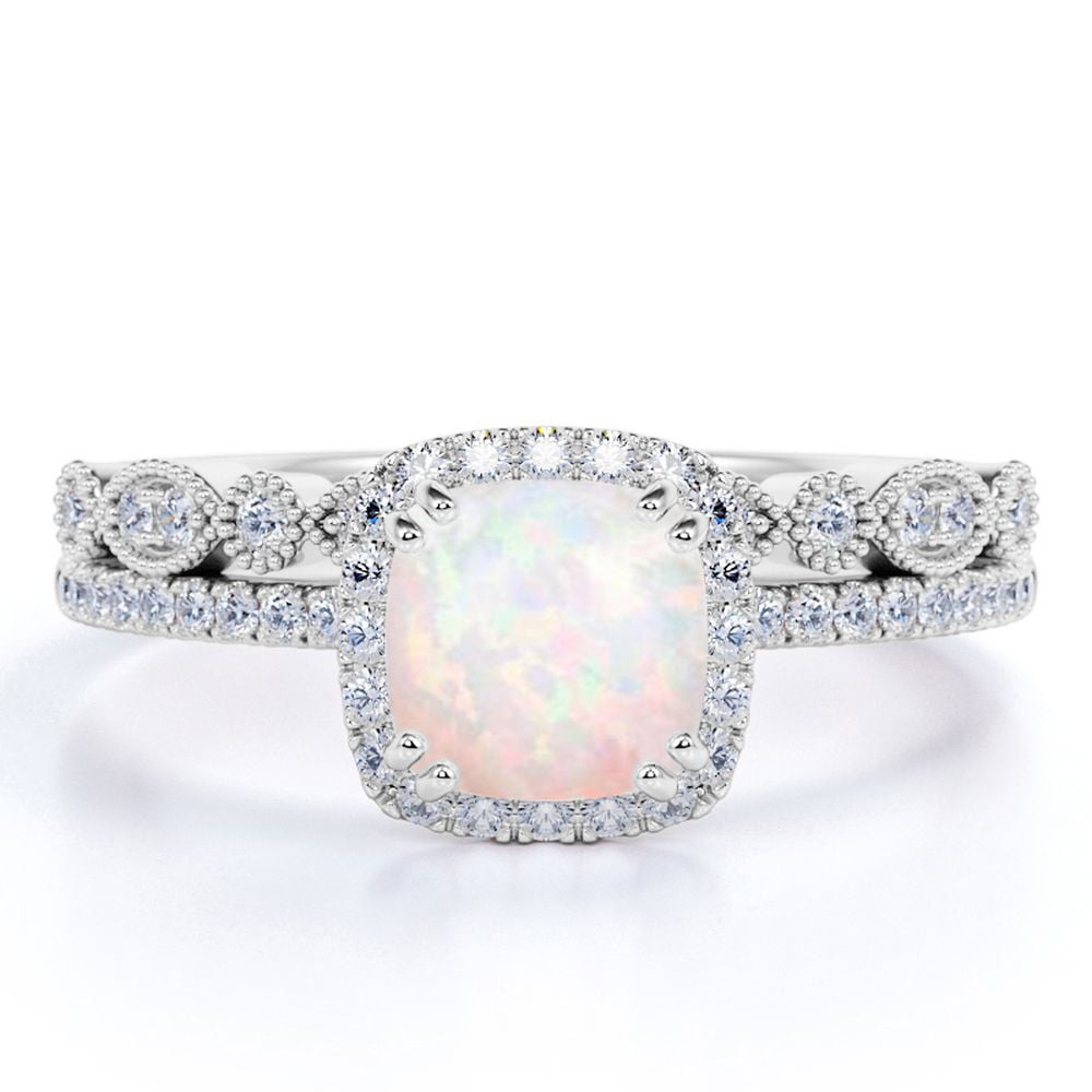 JeenMata 1.50 ct Round Cut Blue Opal and Moissanite Wedding Ring Set in in 18k White Gold over Silver
