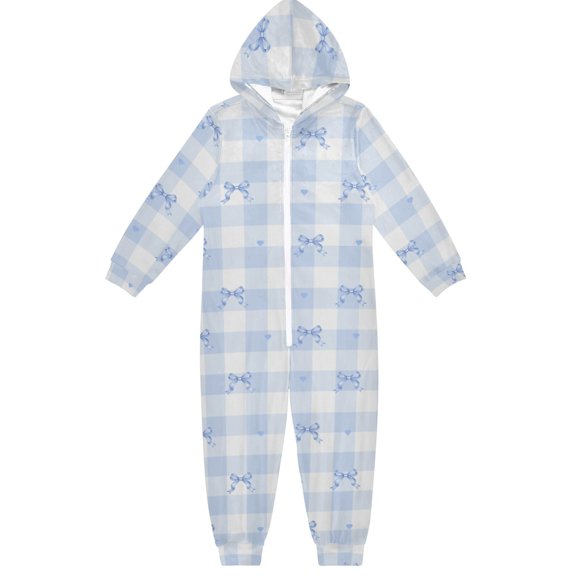 Blue Checkered Bow Tie Boys & Girls Hooded One-Piece Pajamas Warm Crystal velvet Hooded Long Sleeve Loungewear Jumpsuit Unisex