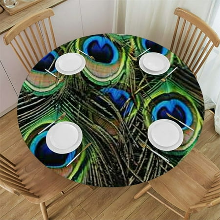 

BCIIG Peacock Feathers Round Table Cover Stain Resistant Washable Indoor Outdoor Tablecloth Kitchen Dining Wedding Parties 100% Polyester Waterproof Fabric Elastic Edge 42 -46