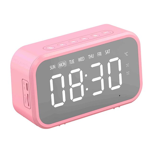 Bewildely Reloj despertador digital LED electrónico Reloj de escritorio Pantalla de temperatura 3 configuraciones de alarma Altavoces de audio Decoración del hogar Rosado