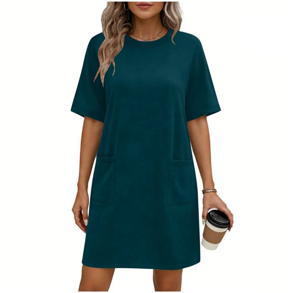 QQZ Summer Dress for Women Crew Neck Short Sleeve Solid Basic T-Shirts Casual Midi Dresses with Pocket