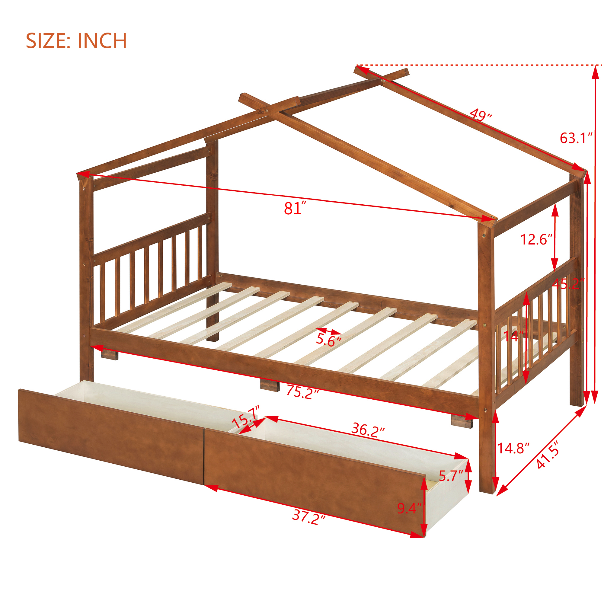 Aukfa Twin Size House Bed with Two Storage Drawers for Kids, Solid Wood Montessori Bed Frame, Walnut