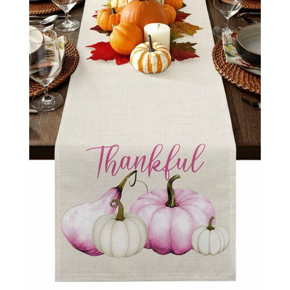Thanksgiving Pink Pumpkin on Vintage Linen Table Runner-36 Inch Long Autumn Plant Table Runners Linen Burlap Tablerunner for Kitchen Dining Room Holiday Party