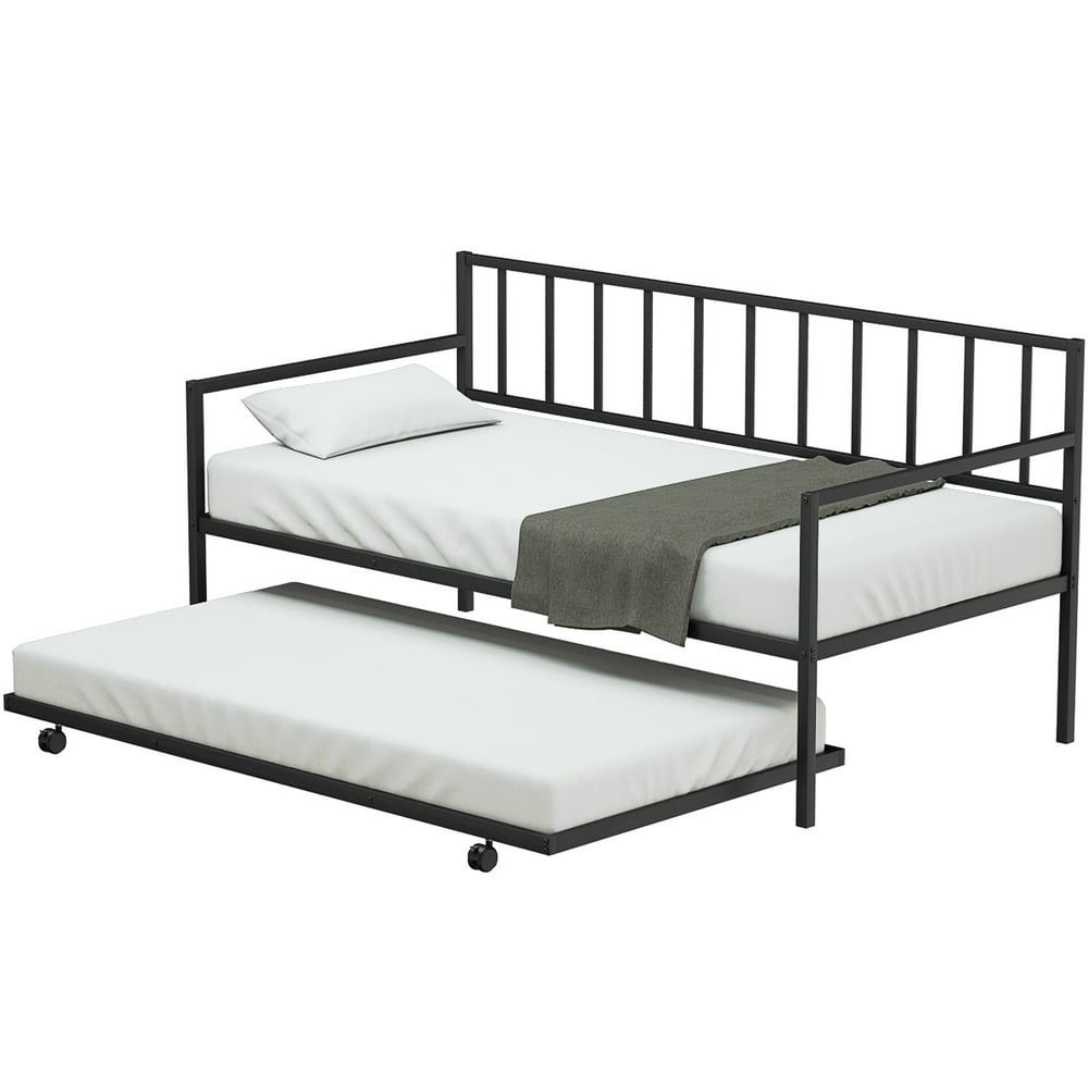 Costway Platform Bed Sofa DayBed Twin Trundle DayBed 4 Casters Mattress ...