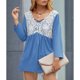 thumbnail image 4 of Top informal para mujer, manga larga, cuello en V, costura de encaje, diseño plisado, Top delicado y bonito de otoño para mujer, azul XXL, 4 of 6