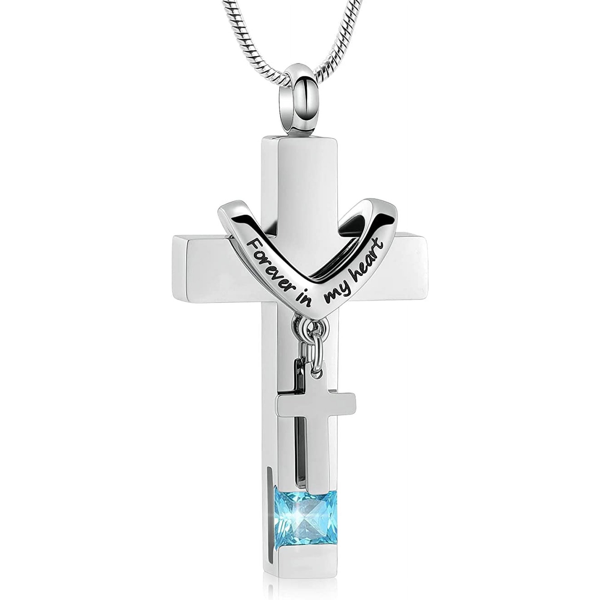 Cross Urn Necklace For Ashes Of Loved Ones With Simulated Birthstone Always In My Heart Cremation Jewelry Keepsake Pendant Women Men