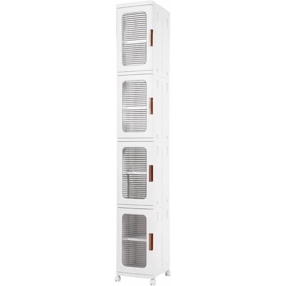4-Tier Narrow Storage Cabinet, Mobile Storage Organizer with 4 Universal Wheels, Tall Slim Cabinet with Doors and Shelves for Small Space, Kitchen, Bathroom, Toilet Paper, White
