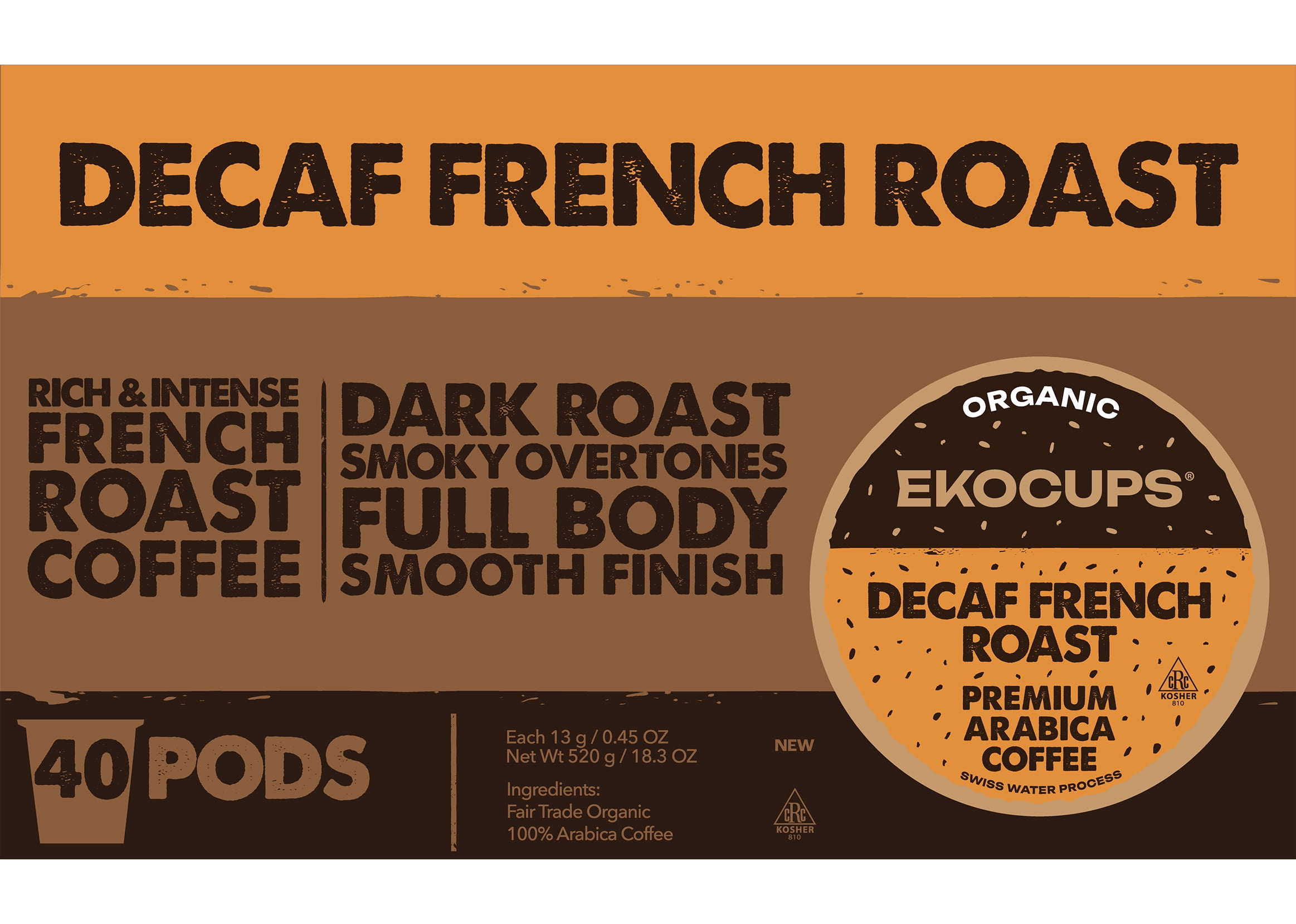 EKOCUPS Organic Decaf French Roast Coffee Pods, 40 Count Dark Roast, Swiss Water Process, Fair Trade Certified K-Cup Pods for Keurig Machines
