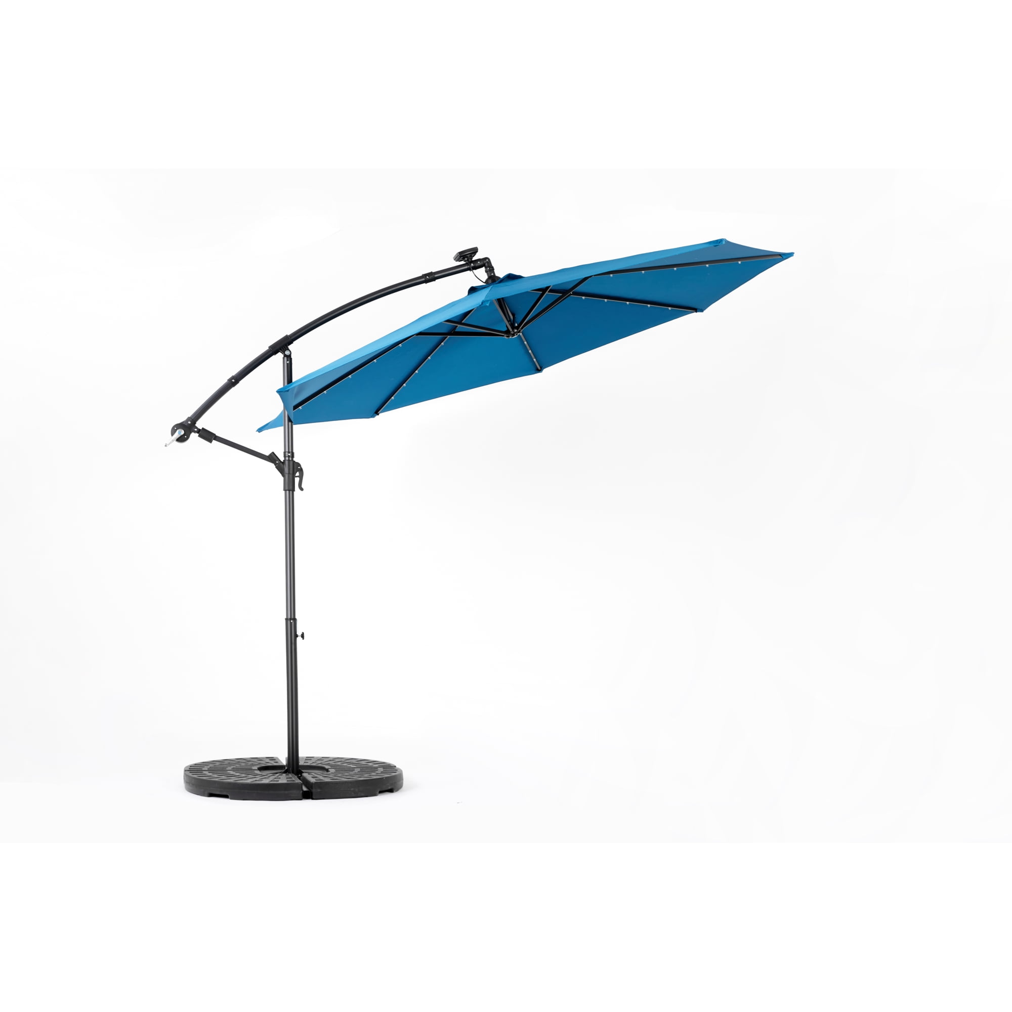 Leumius 10ft Solar LED Patio Umbrella, Offset Cantilever Outdoor Umbrella with 40 LED Lights, Infinite Tilt, 360 Degree Rotation, Crank Handle for Pool Deck Garden Backyard,Dark Blue(No Base)