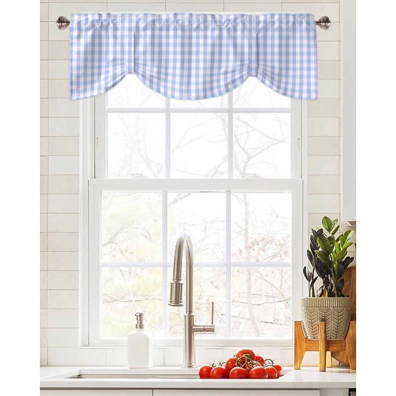 Tie Up Valance Curtain for Kitchen,Blue Gingham Check Rod Pocket Short Curtains Adjustable Tie-Up Shade Valances,Farm Buffalo Plaid Window Treatment for Bathroom Living Room Bedroom