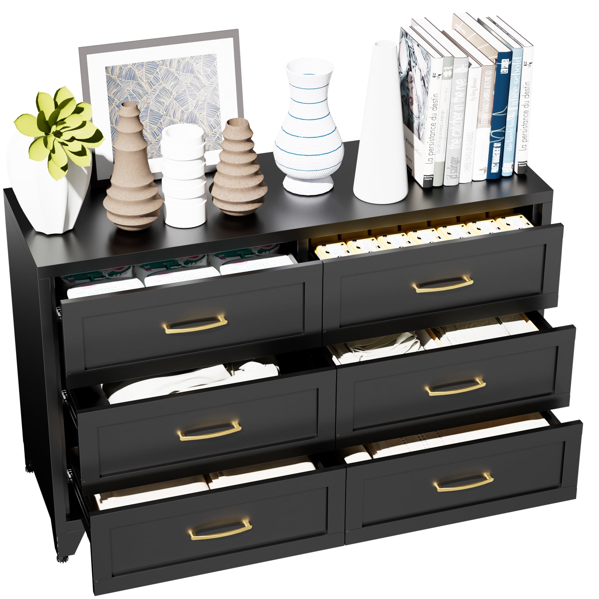 ShiKeyi 6 Drawer Dresser for Bedroom, Modern Metal Wide Storage Chest with Metal Handles and Legs, Black