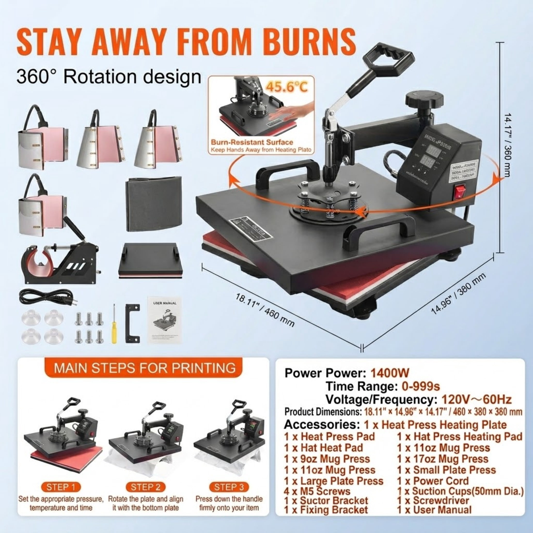 8 in 1 Heat Press Machine 15x15 Inch, Professional 360° Swing Away Sublimation Machine for T-Shirts, Mugs, Hats and Vinyl