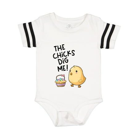 

Inktastic The Chicks Dig Me Easter Baby Chick with Basket and Eggs Gift Baby Boy or Baby Girl Bodysuit