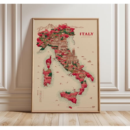 Italy Map Vintage Travel Illustration Wall Art Italian Architecture Map, Unframed Poster