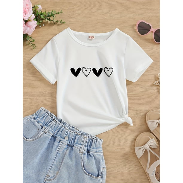 Girl's Cartoon Hearts Pattern Shirt, Casual Breathable Comfy Short Sleeve Crew Neck Tee Top For City Walk Street Hanging Outdoor Activities