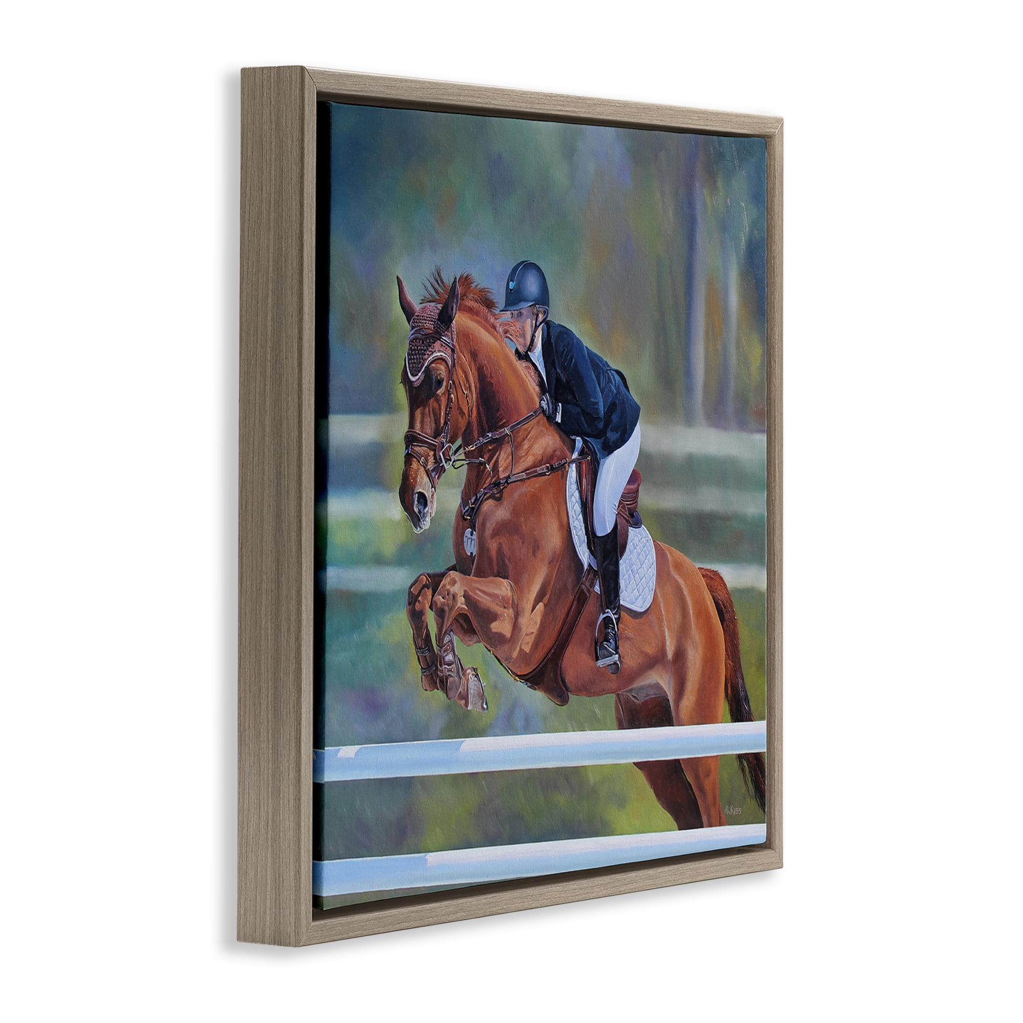 Stupell Industries Jockey Jumping Hurdles Sports Painting Brown Floater Framed Canvas Art Print Wall Art, 18 x 18
