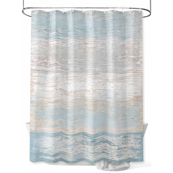 Blue Beige Farmhouse Standard Shower Curtain Set, Waterproof Shower Curtains for Bathroom, Vintage Wooden Striped Washable Fabric Cloth Bath Curtain for Bathtub Decoration with Hooks 72x72 Inches