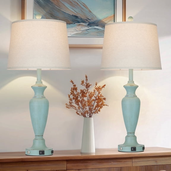 Cinkeda Table Lamp Set of 2, Coastal Farmhouse Table Lamps with USB C A Ports & AC Outlet, Bedside Lamps for Living Room Bedroom, Blue