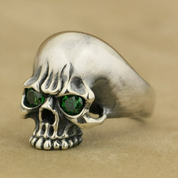 Green CZ Eyes 925 Sterling Silver Skull Ring Biker Rock Punk Jewelry TA62 US Size 10