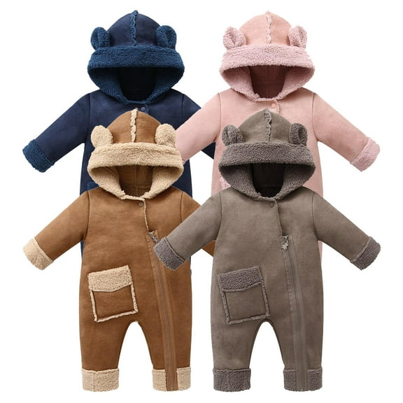 Infant Snowsuit Girls Ear Fleece Jumpsuit Long Sleeve Solid Zipper Hooded Bunting Baby Onesies Pink 3 M-6 M