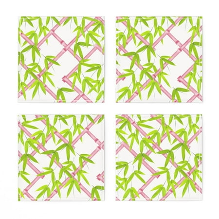 

Linen Cotton Canvas Cocktail Napkins (Set of 4) - Bamboo Chinoiserie Trellis Pink Chartreuse Green Botanical Leaves Print Cloth Cocktail Napkins by Spoonflower