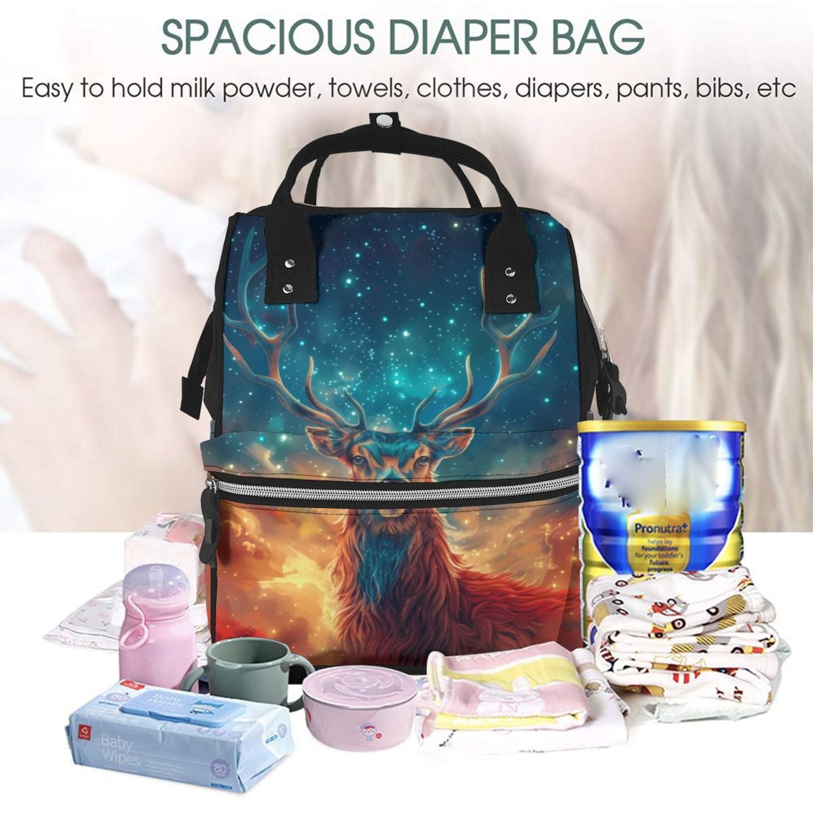 Fuzoiu Celestial Stag Cosmic Glow Print Diaper Bag Backpack,Baby Essentials Travel Tote,Multi function Waterproof Diaper Bag, Travel Essentials Baby Bag - Unisex