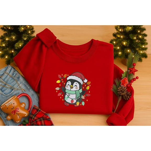 Penguin Christmas Sweatshirt, Christmas Lights Penguin Sweater, Embroidered Christmas Crewneck, Matching Holiday Sweater, Xmas Winter Jumper