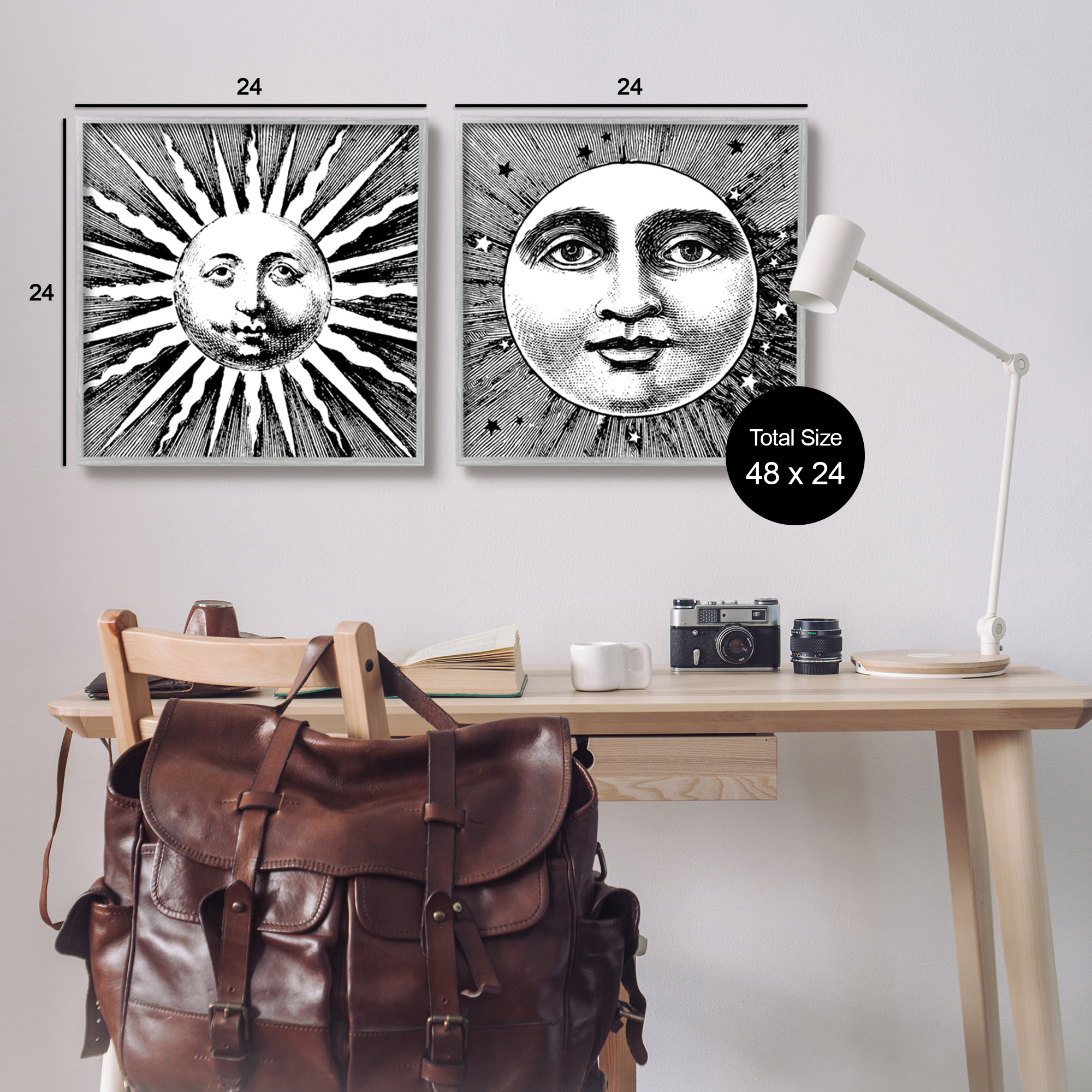 Stupell Industries Sun & Moon Faces Landscape Painting Gray Framed Art Print Wall Art, 24 x 24