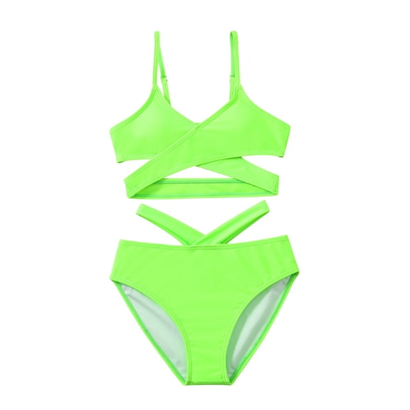 Ccpelsie Girls Swimsuit Ribbed Bikini Set Tropical Print Bathing Suit for Teen Girl Swimwear with Cover Up(Green,7-8 Years)
