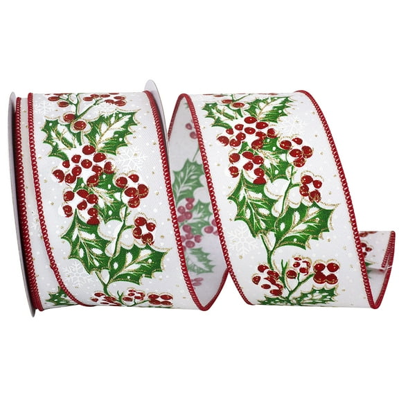Reliant Holly Snow Wired Edge Ribbon, White, Green, Red 2.5"x10yd93968W-030-40F