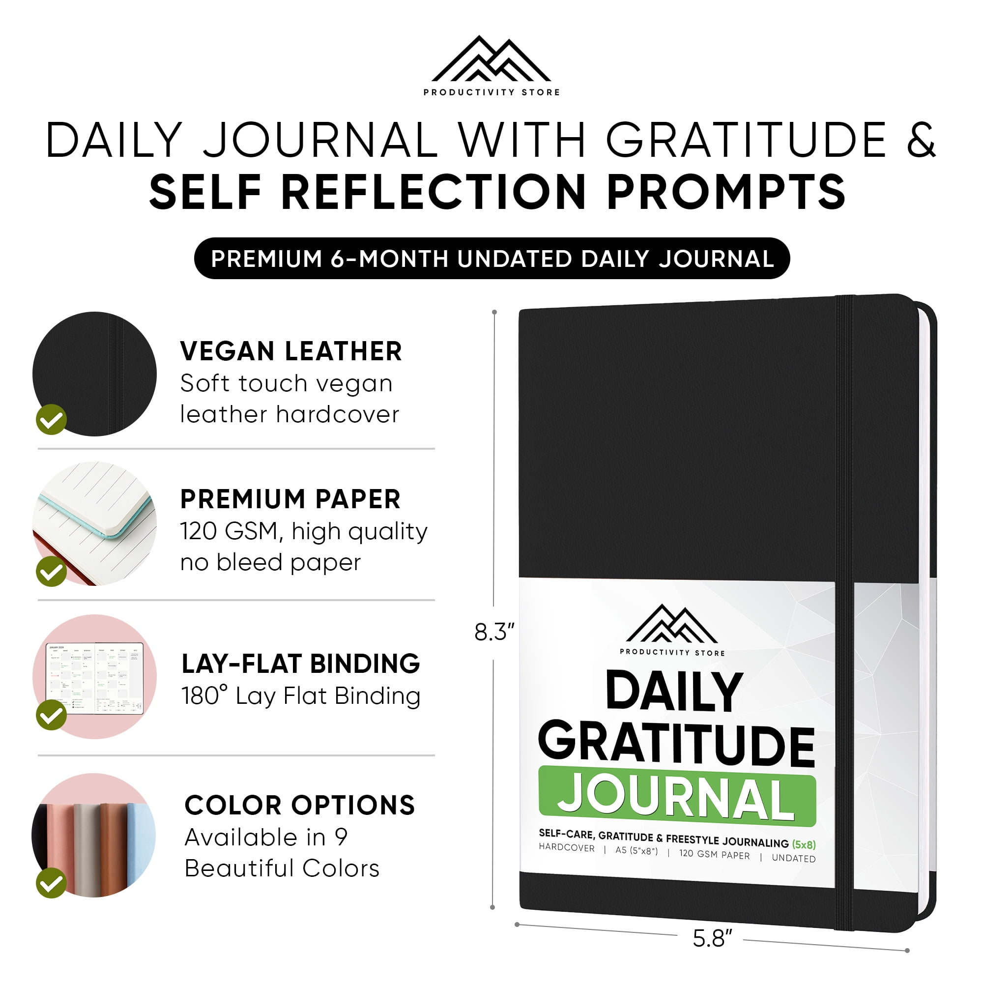 Daily Journal For Mindfulness & Productivity - Inspirational Journals To Write In, Writing Prompt Journal & Guided Journal Gifts For Men & Women - Hardcover Diary Notebook (Black)