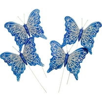 Set of 12 Glitter Monarch Feather Butterfly Floral Picks (Royal Blue/Silver)