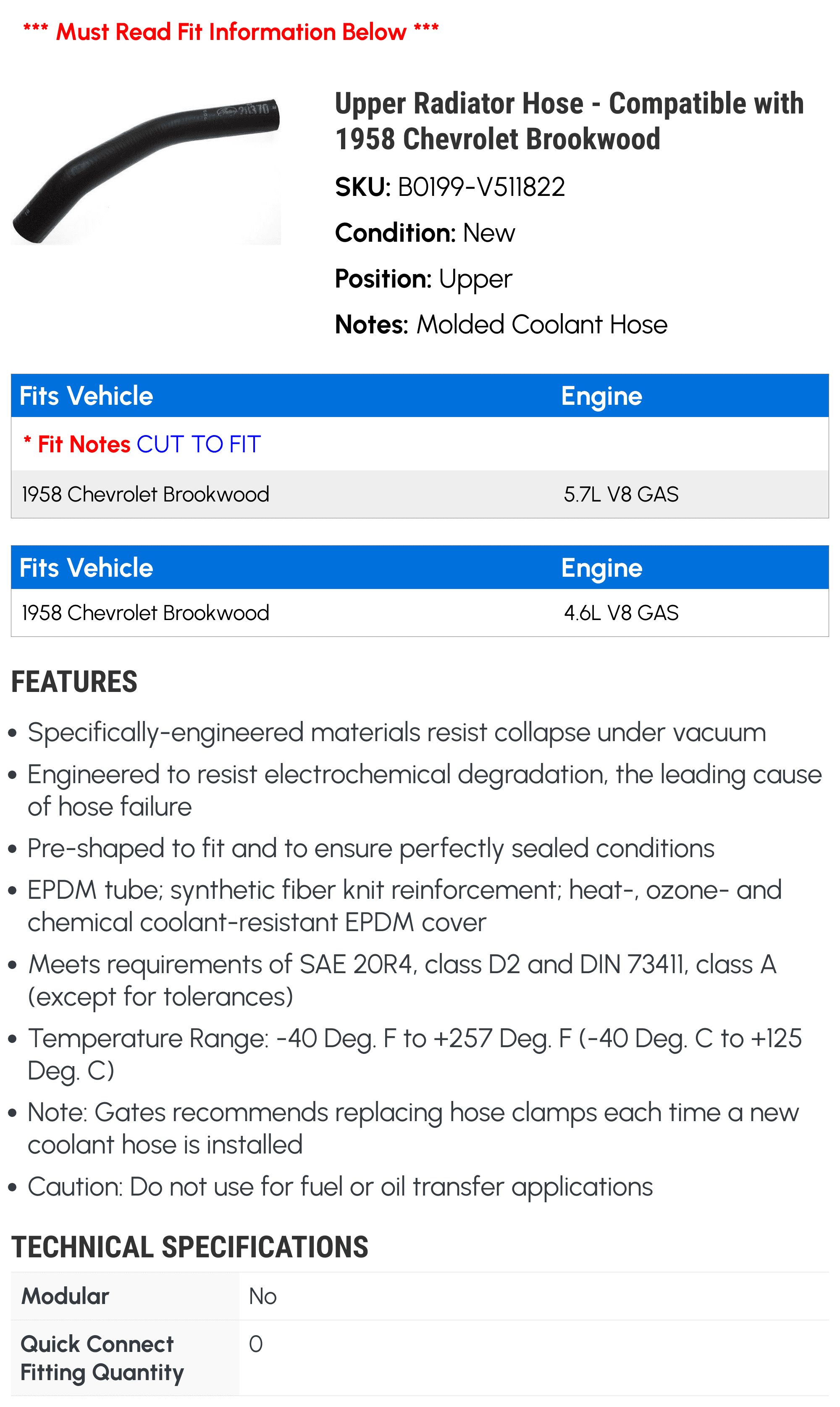 Upper Radiator Hose - Compatible with 1958 Chevrolet Brookwood - Gates