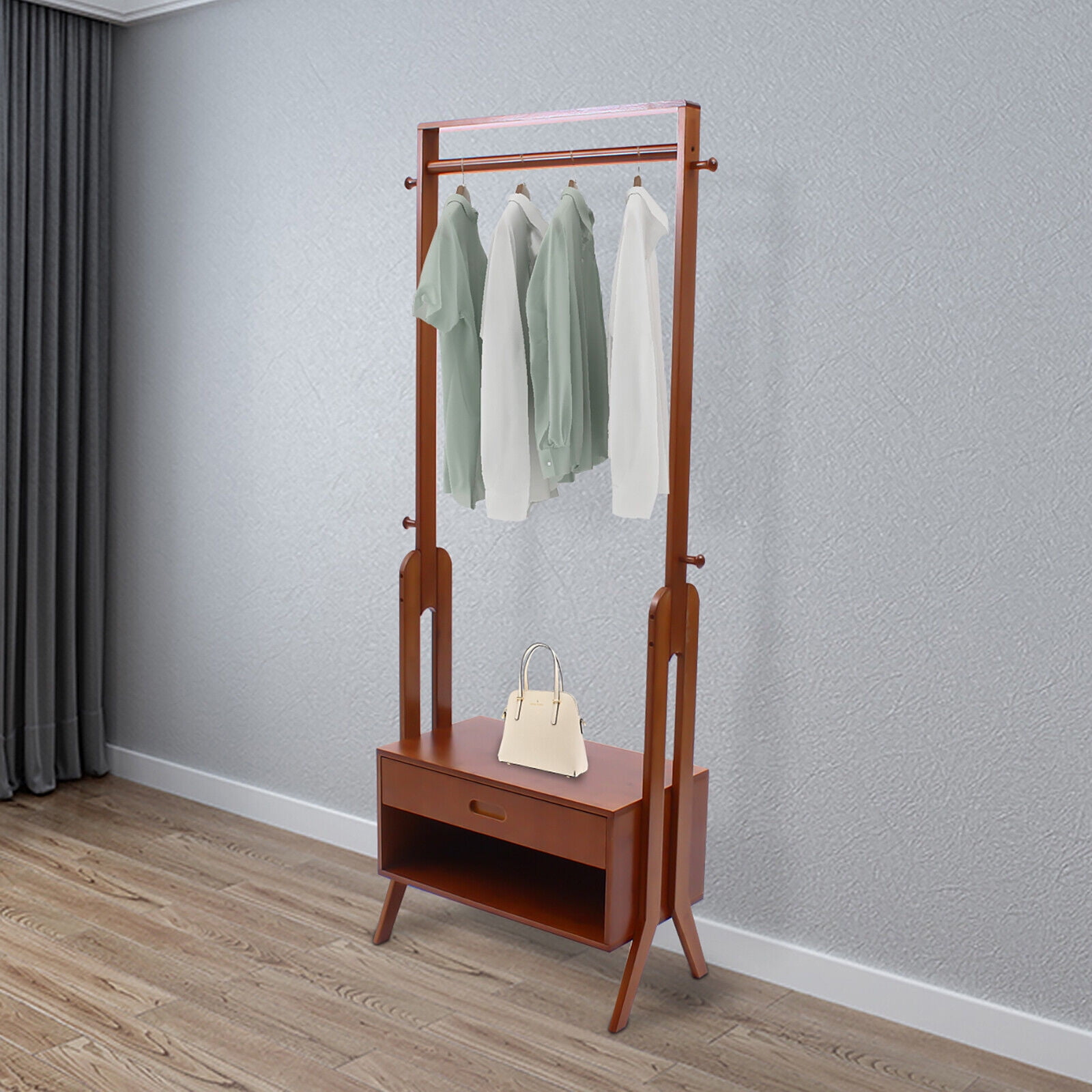 Bamboo Floor Standing Clothes Rack Heavy Duty Wood Garment Shelves w/4