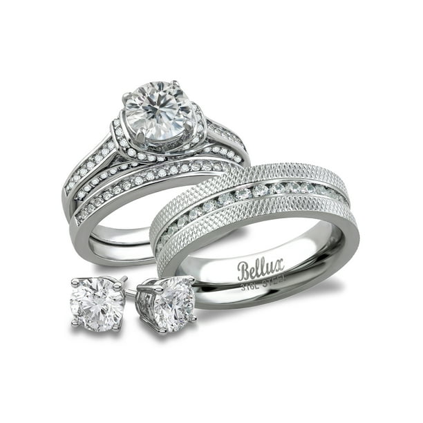 Bellux Style - His and Hers Matching Bridal Set Stainless Steel CZ ...