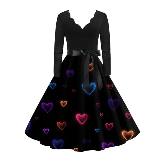Valentine's Day Dresses for Women Long Sleev Vintage Love Heart Print V-Neck A-Line Cocktail Party Dress with Belt Black M
