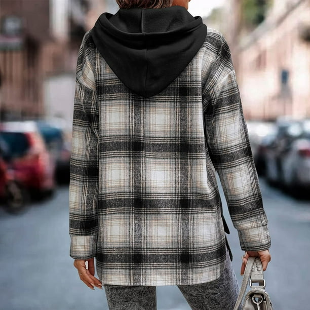 Sudadera con capucha de patchwork a cuadros Sudadera con capucha de patchwork para mujer Sudadera con capucha de patchwork a cuadros de poliester Sudadera con capucha de patchwork de manga larga Carac...