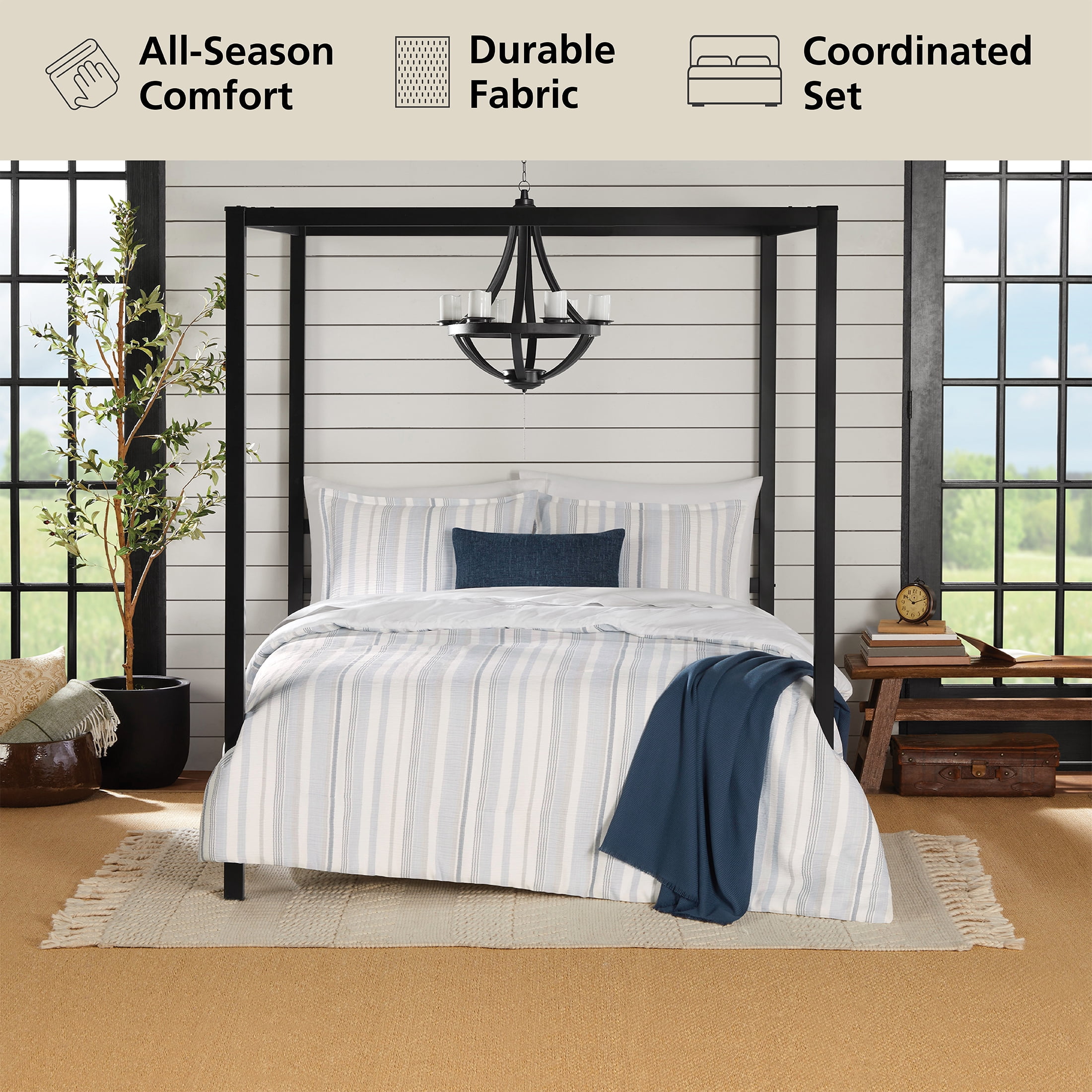 Mainstays Full/Queen 5-Piece All-Season Comforter Set, Blue Yarn Dyed Stripe