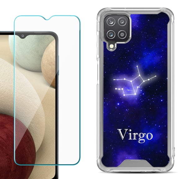Shockproof Bumper Phone Case for Samsung Galaxy A12, with Tempered Glass Screen Protector, by OneToughShield ® - Zodiac / Virgo