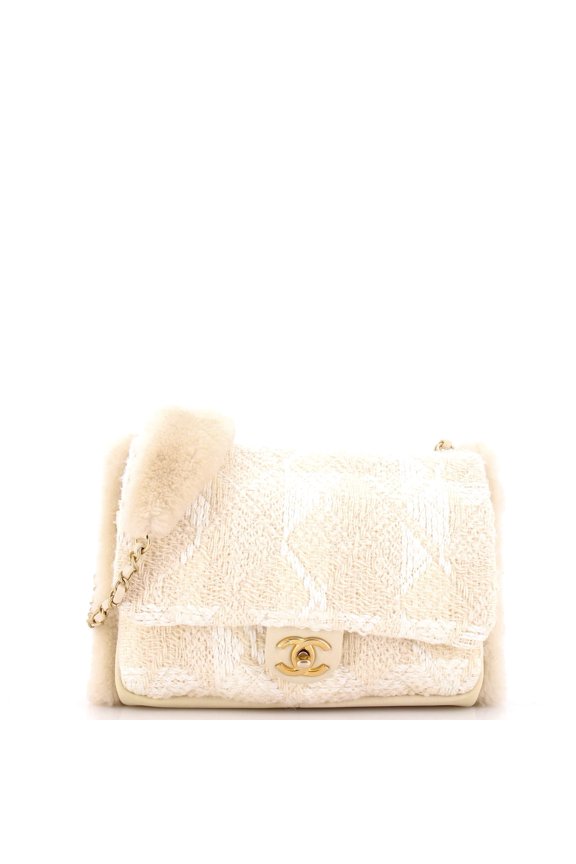 Pre-Owned CC Muff Flap Bag Quilted Tweed and Lambskin with Shearling Jumbo By Rebag
