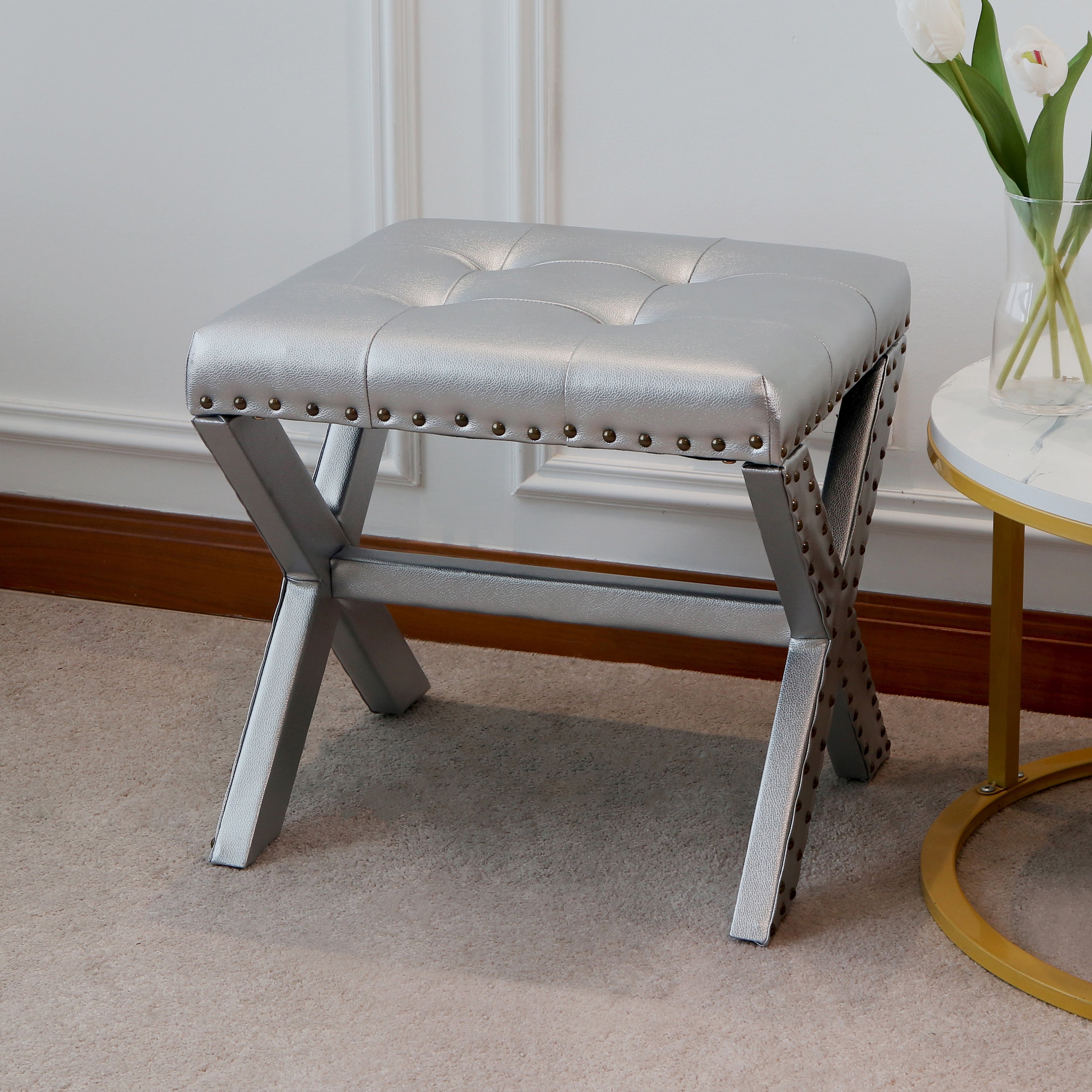 20" Chic Silver Polyester Vanity Stool with Nailhead Trim, Set of 2
