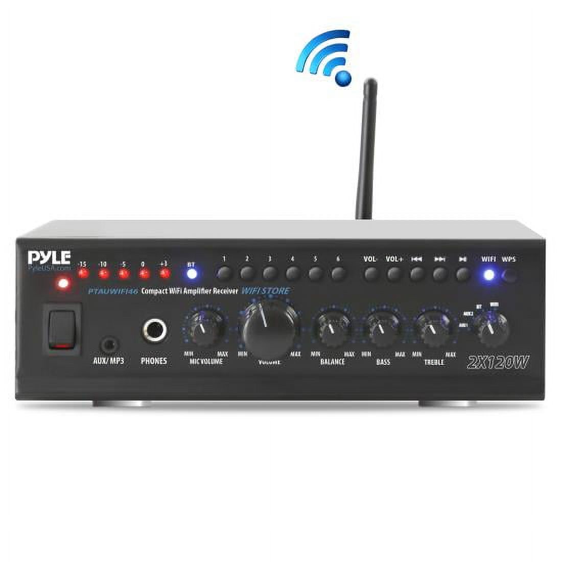 Pyle PTAUWIFI46 WiFi Bluetooth Stereo Amplifier 240-Watt Home Theatre Receiver, 4x Pyle 3.5" 200 Watt 3-Way Weatherproof Mini Box Speakers (White), Enrock Audio Spool of 50 Foot 16-Gauge Speaker Wire - image 2 of 6