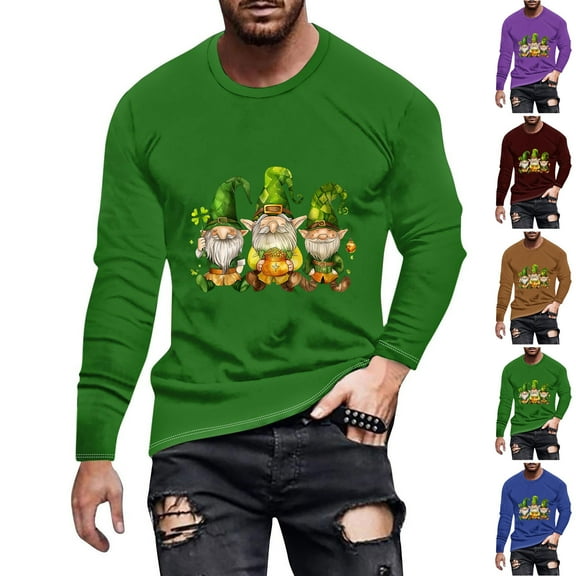 ZRGHAOYLQ Funny St Patrick's Day Shamrock Gnome Graphic Tees Mens Big and Tall Long Sleeve Pullover Shirts Plus Size Crewneck Tshirt Athletic Work Regular Fit T Shirts